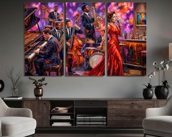 Neon Jazz Musicians Canvas Art, Saxophone and Piano Decor, Large Framed Art Print