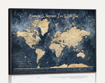 Custom Push Pin Travel Map with Pins Canvas Print, Framed Blue Personalized Travel Tracker Map, Anniversary Gift, World Map Wall Art