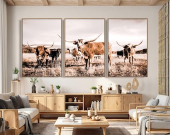 Texas Longhorn Cow Canvas Wall Art Print - Western Landscape - Framed and Printed