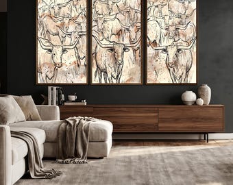 Line Drawing Longhorn Cow Wall Art Canvas Print - Minimalist Farm Animals Abstract Wall Decor