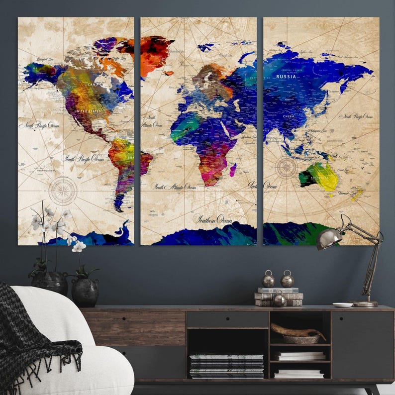Canvas World Map Push Pin Wall Art, Modern Canvas Print, Extra Large ...