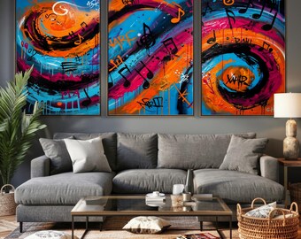 Abstract Music Notes Wall Art Canvas Print, Modern Illustrations, Framed Bedroom Decor