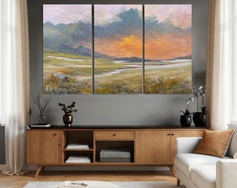 Meadows and Sunset Canvas Wall Art Print, Modern Artwork for Bedroom Decor