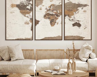 Extra Large Travel Map Wall Art Canvas Print, Push Pin World Map with Antarctica, Home Decor