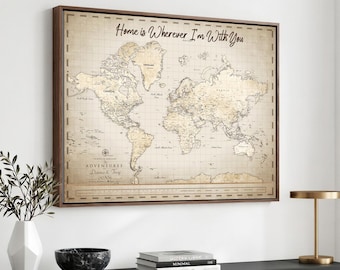 Custom Push Pin Travel Map Canvas Print, Framed Vintage Personalized Travel Tracker Map, Anniversary Gift, World Map Wall Art, Pin Board Map