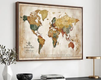 Custom Push Pin World Map Canvas Print, Personalized Travel Tracker Map, Anniversary Gift for Couples, Mapa con Chinchetas, Pin Board