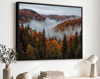 Autumn Forest Canvas Wall Art, Misty Fall Foliage Mountain Print, Foggy Pine Tree Landscape, Extra Large Nature Wall Decor for Living Room