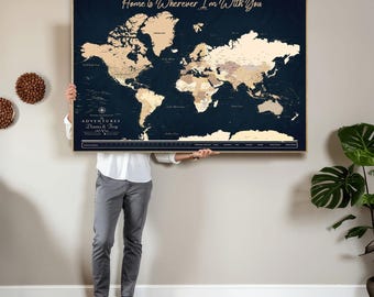 Navy Blue Push Pin World Map Canvas Print, Personalized Travel Tracker, World Map with Pins, Anniversary Gift
