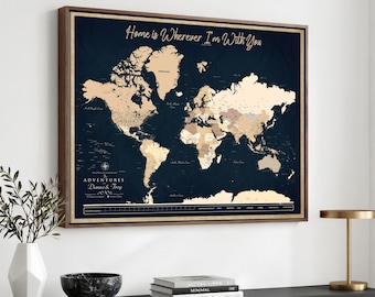 Custom Push Pin Travel Map Canvas Print, Brown Personalized Travel Tracker Map, Anniversary Gift,  World Map Wall Art, Mapa con Chinchetas