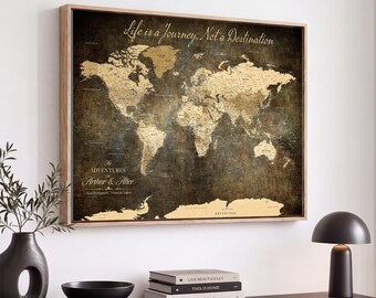 Custom Push Pin Brown World Map Canvas Print, Personalized Travel Tracker with Pins, Home and Office Decor