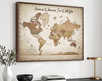 Custom Push Pin Travel Map with Pins Canvas Print, Framed Vintage Personalized Travel Tracker Map, Anniversary Gift, World Map Wall Art