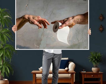 Funny Bathroom Canvas Wall Art, Toilet Paper Print, Renaissance Humor Decor