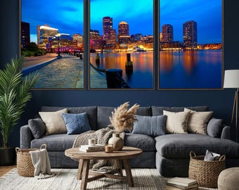Night Cityscape of Boston Canvas Print – Extra Large City Skyline Wall Art, Loft Decor
