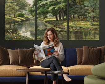 A Forest Stream Canvas Wall Art, Vintage Landscape Print, Evergreen Painting