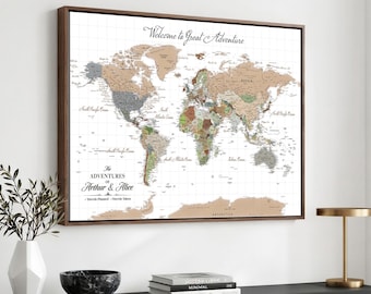 Custom Push Pin World Map Wall Art Canvas Print – Personalized Travel Tracker with Pins Framed Large for Home and Office Décor