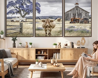 Rustic Farm Canvas, Longhorn Cow Print, Ready to Hang, Extra Large Farmhouse Decor