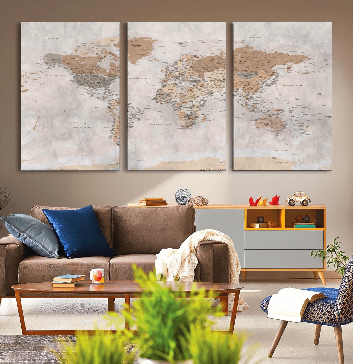 Canvas World Map Wall Art, Push Pin Map Print, Vintage Travel Map Decor ...