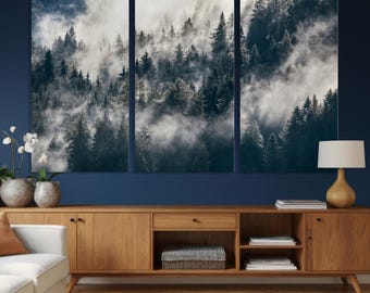 Extra Large Forest Canvas Wall Art, Moody Nature Print, Triptych Misty Mountain Set