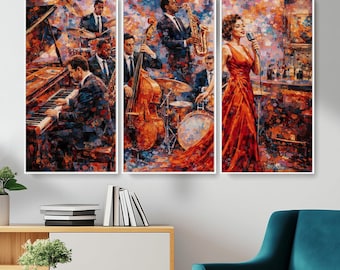 Vibrant Jazz Club Canvas Print, Music Room Wall Art, Modern Mosaic Painting