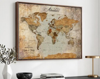 Custom Push Pin World Map Wall Art Canvas Print – Personalized Travel Tracker with Pins Framed Large for Home and Office Décor