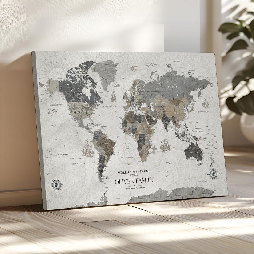 Personalized Push Pin World Map Canvas, Travel Tracker Family Wall Art ...