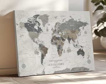 Personalized Push Pin World Map Canvas, Travel Tracker Family Wall Art