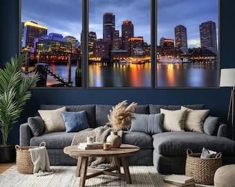 Boston Downtown Canvas Wall Art – Night Cityscape Print, Industrial Chic Wall Decor