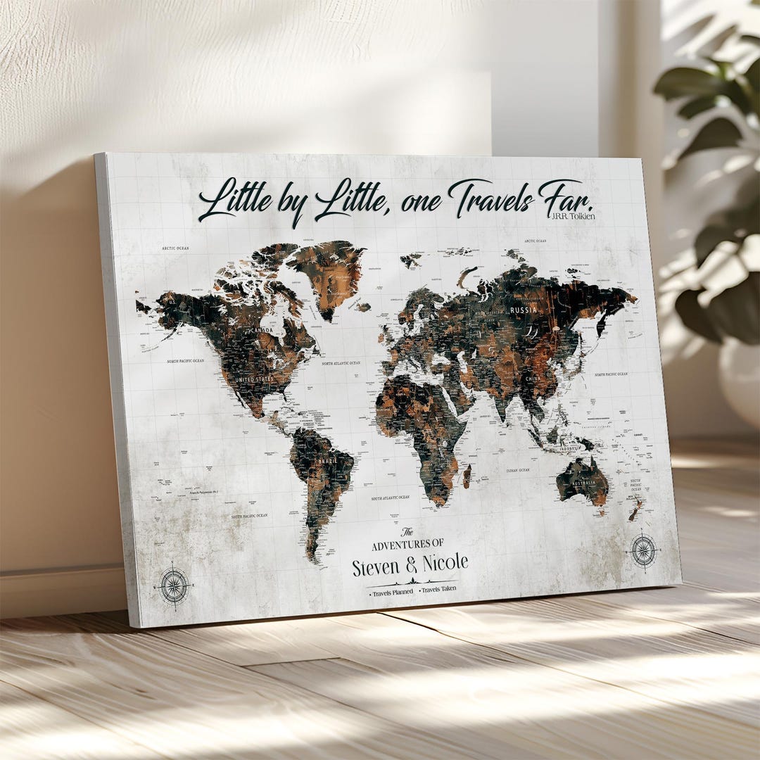 Travel Tracker World Map Canvas Print, Dark Colors, Push Pins - Etsy