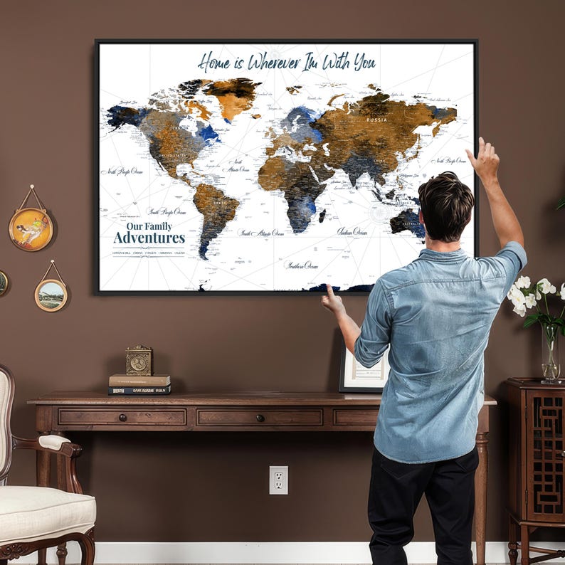 Custom Push Pin World Map Canvas, Framed Travel Tracker Art - Etsy