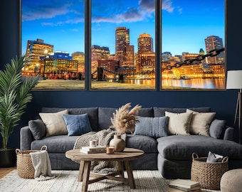 Boston Skyline Canvas Print – Bright City Lights, Framed Wall Art
