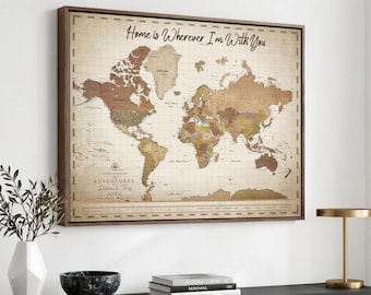 Custom Push Pin Travel Map with Pins Canvas Print, Framed Vintage Personalized Travel Tracker Map, Anniversary Gift, World Map Wall Art