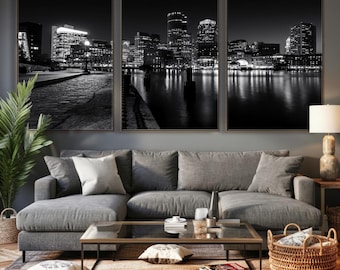 Black and White Boston Skyline Wall Art - Boston Cityscape Canvas Print, Industrial Decor