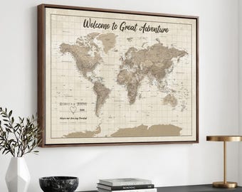 Custom Push Pin World Map with Pins Canvas Print, Personalized Travel Tracker, Anniversary Gift for Couples, Vintage Map Wall Art