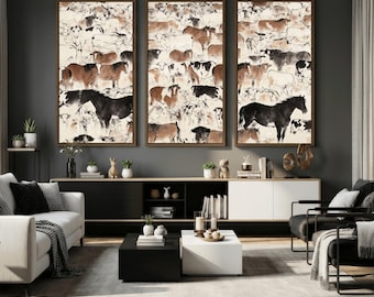 Longhorn Cow and Horse Abstract Farm Animals Wall Art - Line Drawing, Large Canvas Print