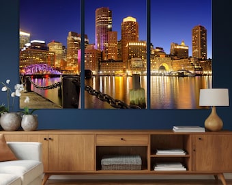 Boston City Lights Reflections Wall Art for Home Decor - Boston Skyline Canvas Print