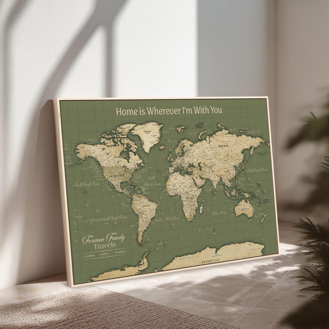 Push Pin World Map, Vintage Green Travel Tracker, Family Canvas Art - Etsy