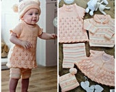 Baby Knitting Pattern K4731 Babies Easy Lace Dress, Striped Shorts and Striped Tea Bag Hat Knitting Pattern DK (Light Worsted) King Cole