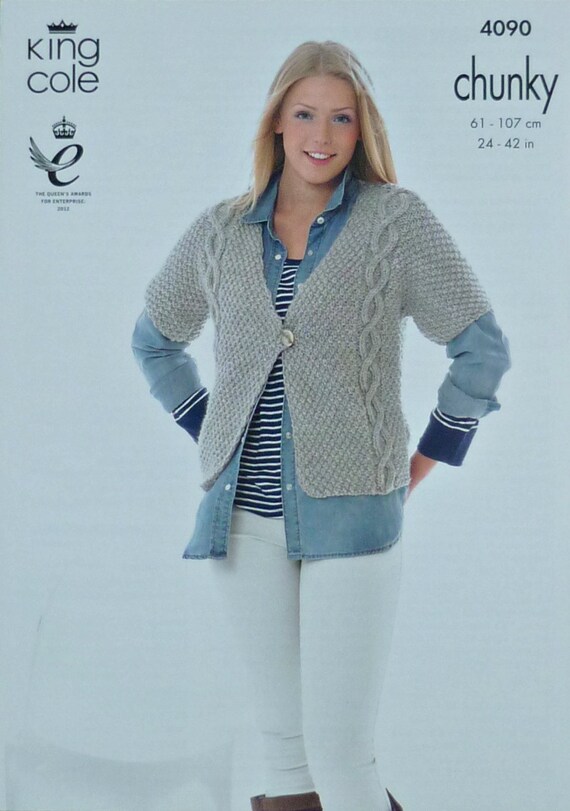 Womens Knitting Pattern K4090 Ladies Childrens Short Sleeve V Neck Cable Cardigan Knitting Pattern Chunky Bulky King Cole Womens Knitting Pattern K4090 Ladies Childrens Short Sleeve V Neck Cable Cardigan Knitting Pattern Chunky Bulky King Cole