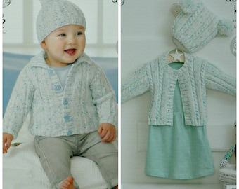 Baby Knitting Pattern K4320 Baby's Easy Knit Cable/Rib Cardigan, Jacket, Tea Bag Pom-pom Hat Knitting Pattern DK (Light Worsted) King Cole