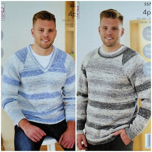 Mens Knitting Pattern K5573 Easy Knit, Long Raglan Sleeve, Round or V-Neck Jumpers Knitting Pattern 4Ply (Sport) King Cole