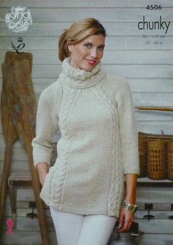 Womens Knitting Pattern K4506 Ladies Cowl Neck Long Cable Tunic