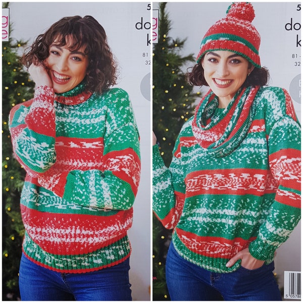 Womens Knitting Pattern K5941 Ladies Easy Christmas Jumpers - 2 designs, Hat and Cowl Knitting Pattern DK (Light Worsted) King Cole