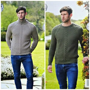 Mens Knitting Pattern K4940 Mens Long Sleeve High Button Neck and Round Neck Cable Jumpers Knitting Pattern DK (Light Worsted) King Cole