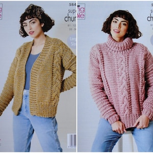 Womens Knitting Pattern K5842 Ladies Polo Neck Cable Jumper & V-Neck Cable Cardigan Knitting Pattern Super Chunky (Super Bulky) King Cole