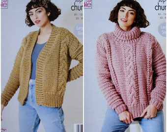 Womens Knitting Pattern K5842 Ladies Polo Neck Cable Jumper & V-Neck Cable Cardigan Knitting Pattern Super Chunky (Super Bulky) King Cole