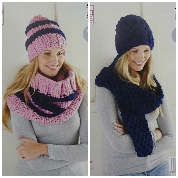 Womens Knitting Pattern K5533 Ladies Very Easy Knit Moss/Garter Stitch Hats Scarf & Cowl Knitting Pattern Mega Chunky (Mega Bulky) King Cole