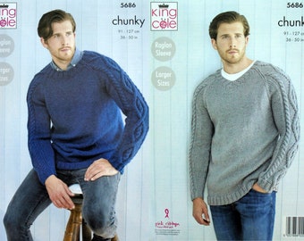 Mens Knitting Pattern K5686 Mens Round ou V-Neck Cable Sleeve Jumpers Knitting Pattern Chunky (Bulky) King Cole