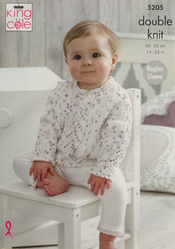 Baby Double Knitting Pattern Raglan Sleeve Sweater /& Hat King Cole DK 5205