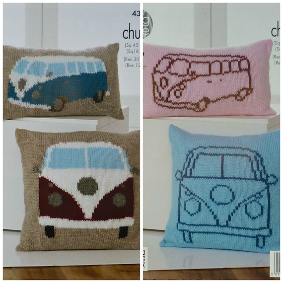 King Cole Chunky Knitting Pattern VW Camper Van Knitted Cushions Vintage 4324