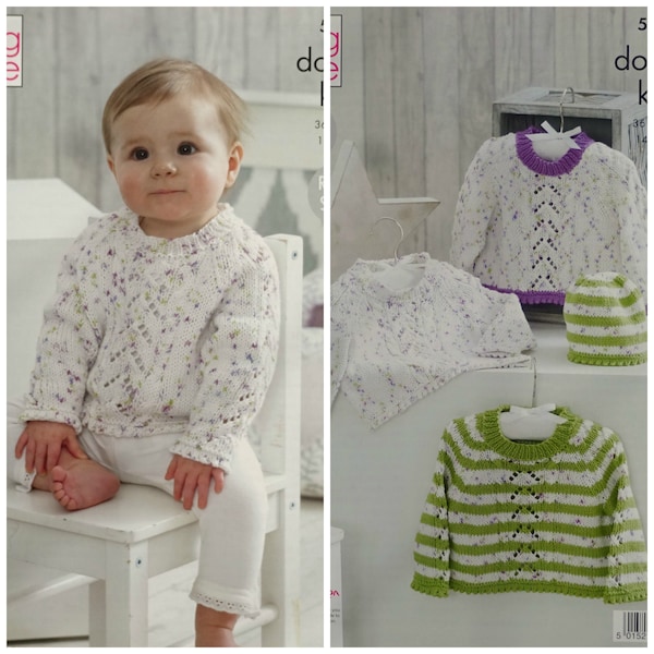 Babys Knitting Pattern K5205 Babies Plain, Striped or Contrast Border Lace Panel Jumpers Knitting Pattern DK (Light Worsted) King Cole